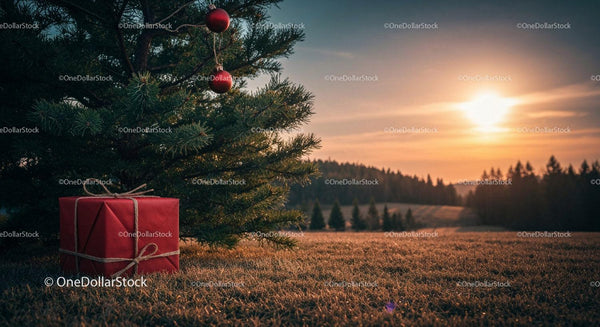 Red Christmas gift by pine tree at golden sunset