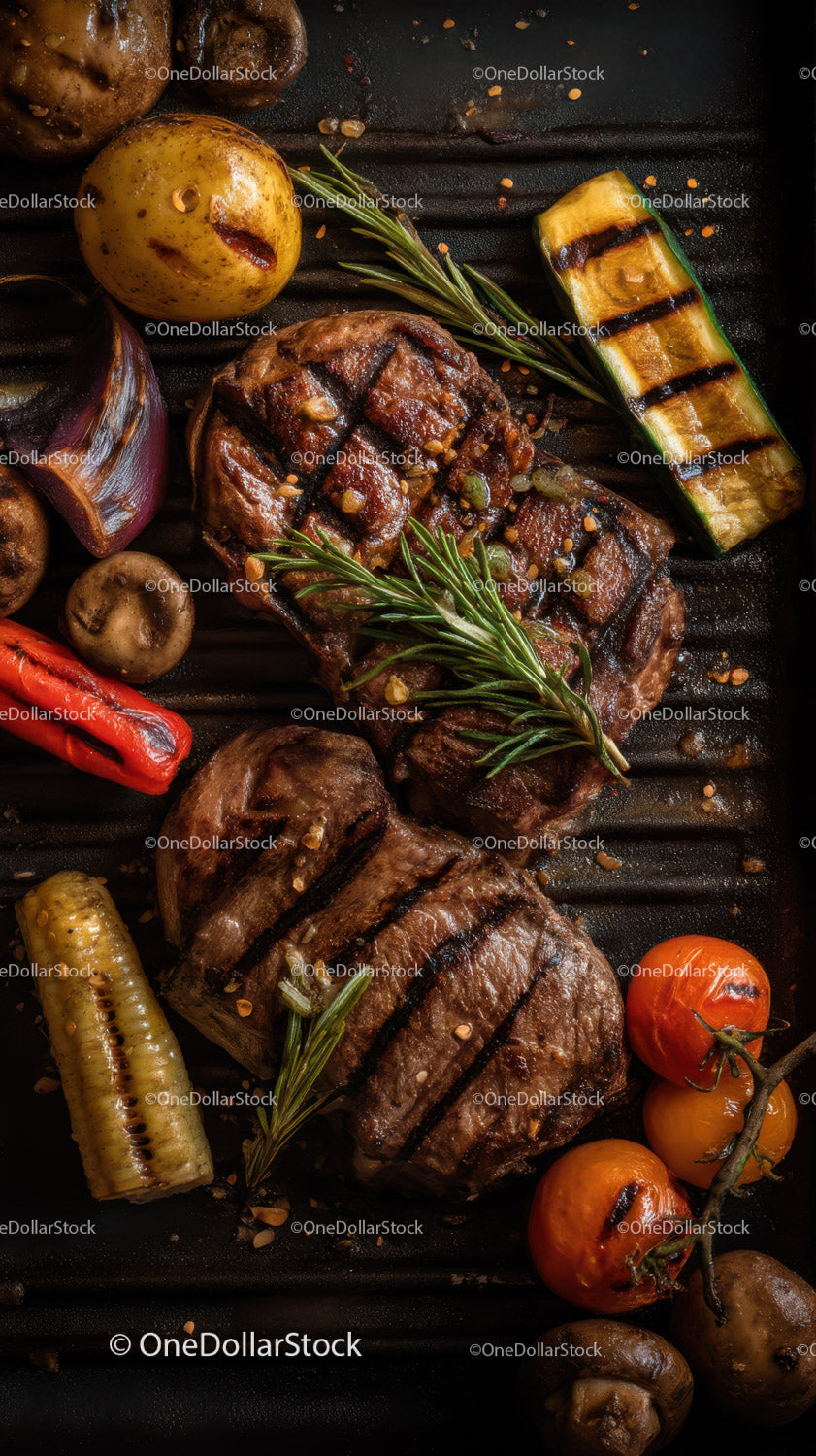 Soczysty grillowany stek z cukinią, pomidorkami koktajlowymi i pieczarkami
