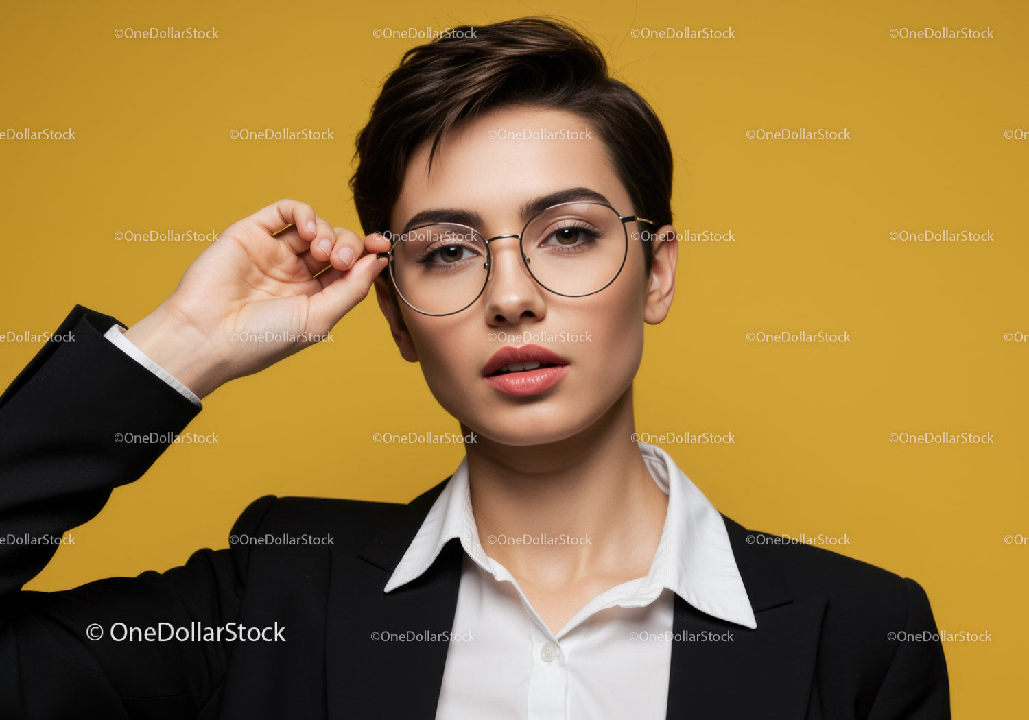 Stylish Woman with Short Dark Hair and Round Glasses in Contemporary Portrait