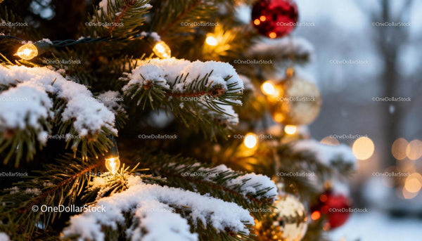 Snow-covered Christmas tree with warm glowing lights