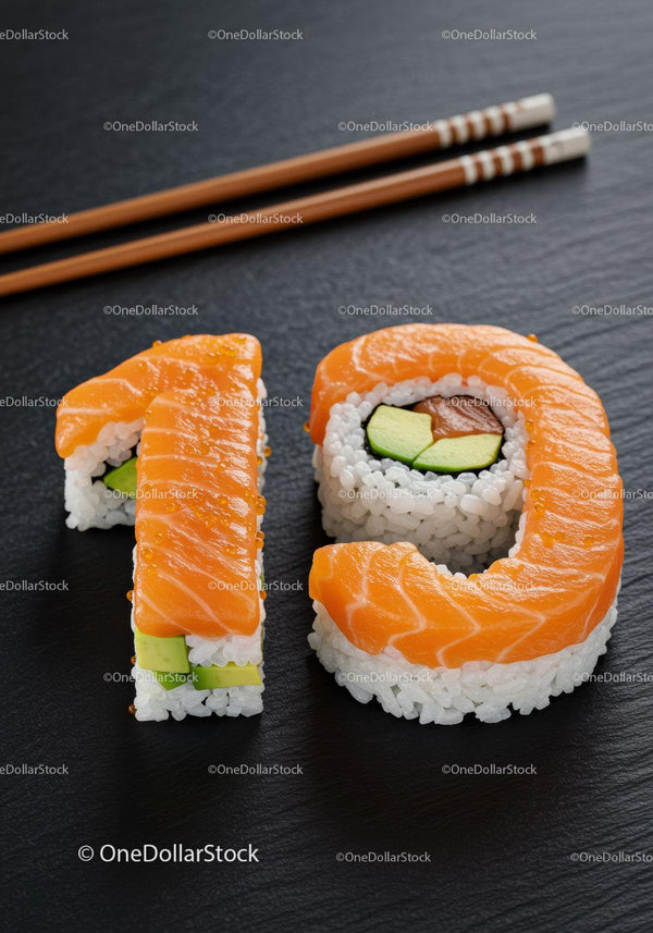 Sushi Rolls Arranged to Form Number Nineteen on Slate
