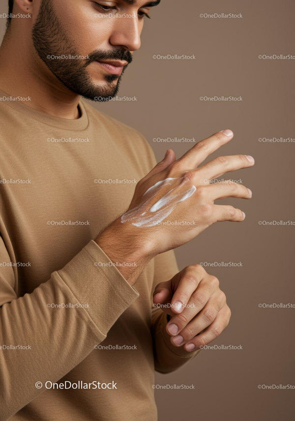 Male Hand Grooming and Moisturizing Routine in Warm Tones