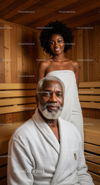 Serene Elderly Man and Young Woman Enjoying Spa Treatment in Sauna