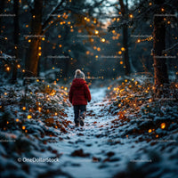 Child Walking Through Snowy Forest with Warm Lights