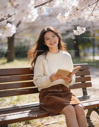 Smiling Young Woman Reading Book under Cherry Blossoms