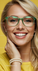 Smiling woman with green glasses and pearl bracelets