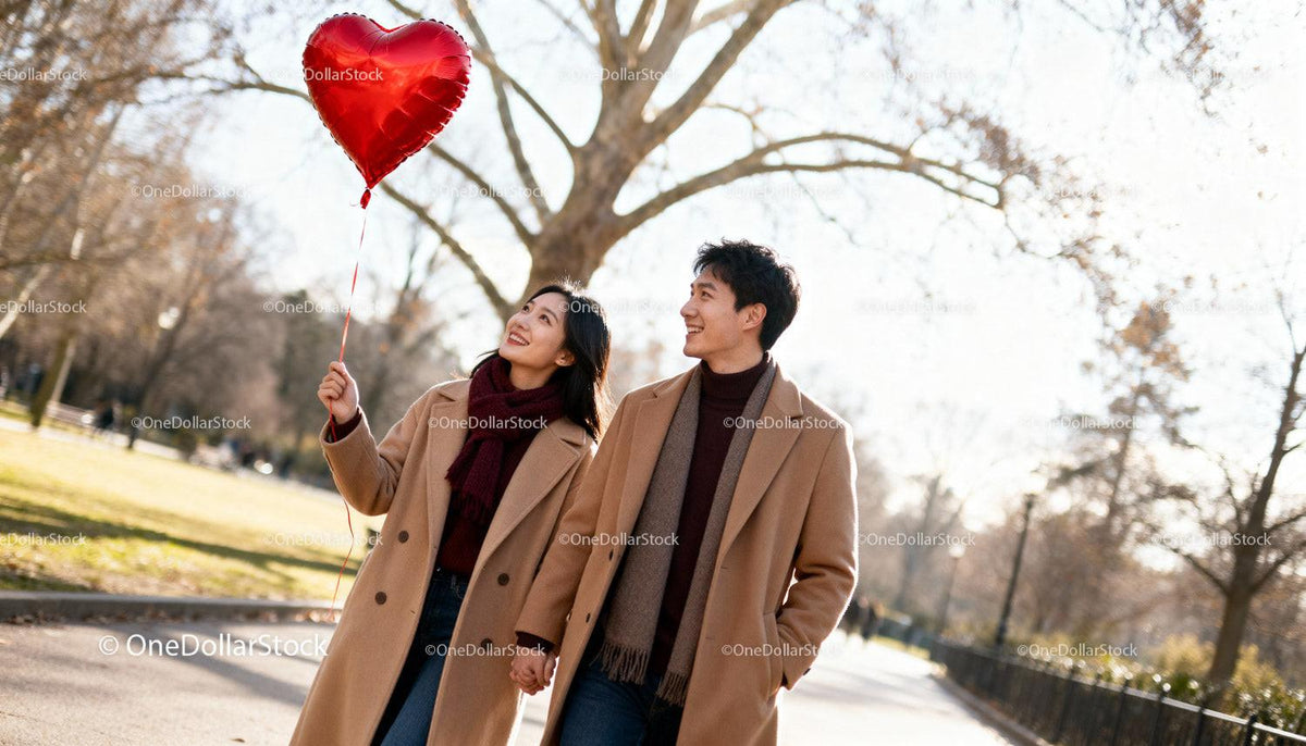 Couple holding hands with heart balloon in autumn park