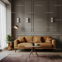 Elegant Modern Living Room with Beige Sofa and Decorative Wall Panels