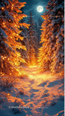 Snowy forest path illuminated by warm fairy lights
