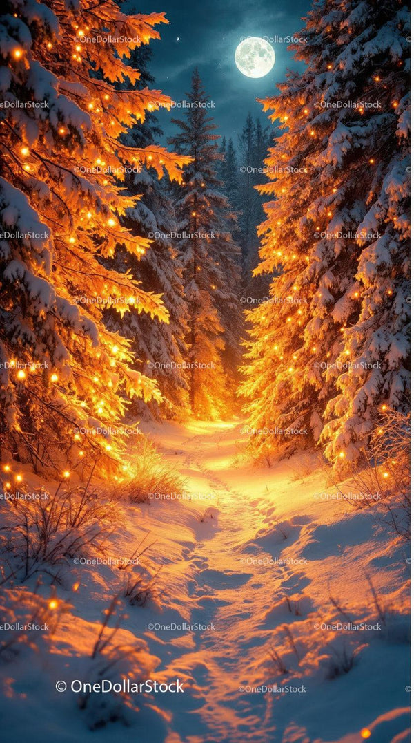 Snowy forest path illuminated by warm fairy lights