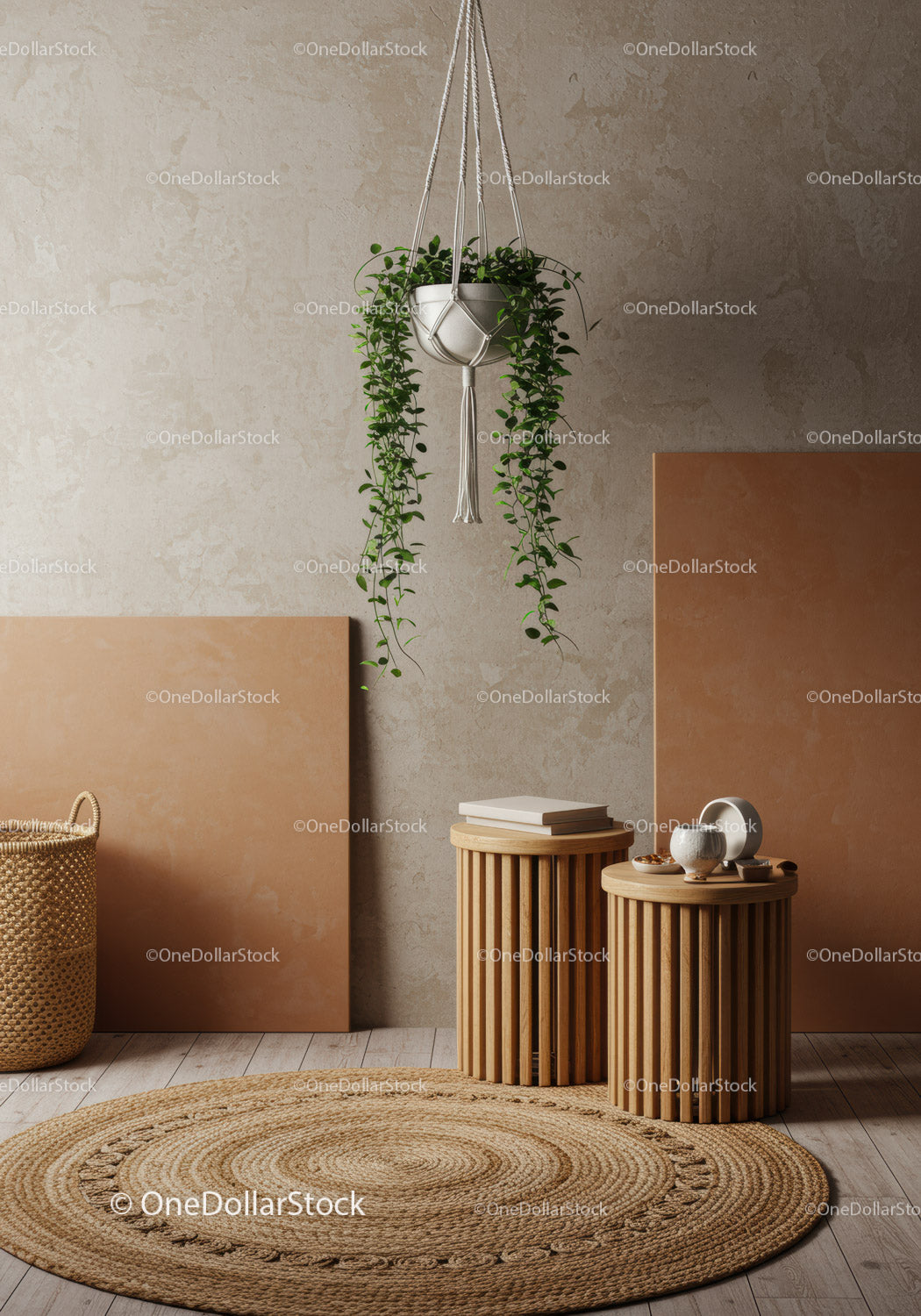Indoor Hanging Plant with Wooden Side Tables and Terracotta Decor
