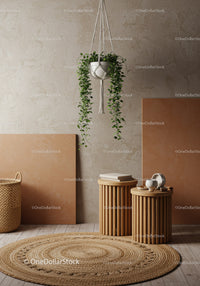 Indoor Hanging Plant with Wooden Side Tables and Terracotta Decor