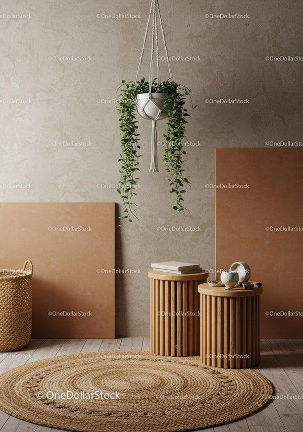Indoor Hanging Plant with Wooden Side Tables and Terracotta Decor