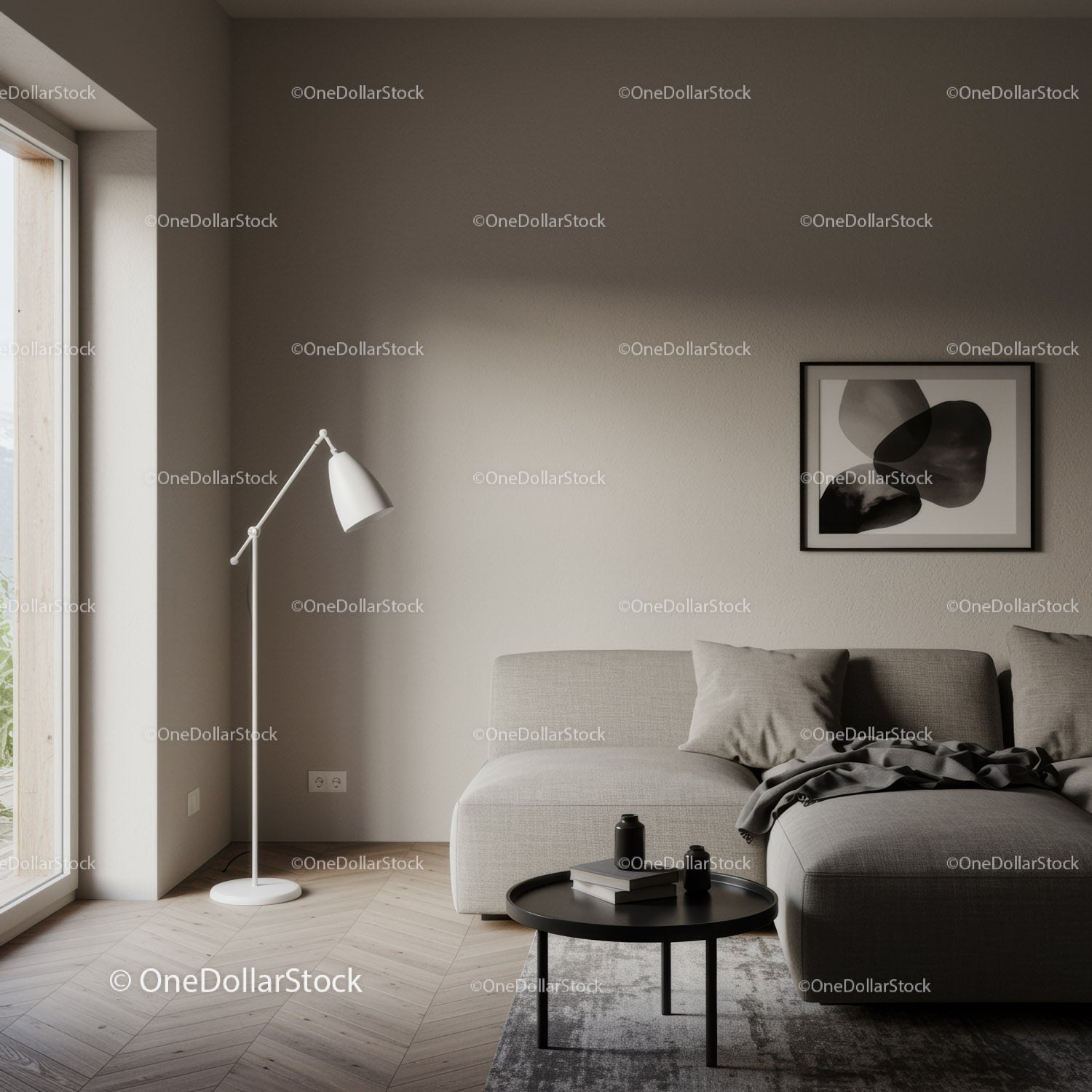 Jasny, minimalistyczny salon z beżową sofą i abstrakcyjną grafiką ścienną