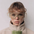 Girl with Glasses Drinking Green Smoothie in Modern Lifestyle Setting