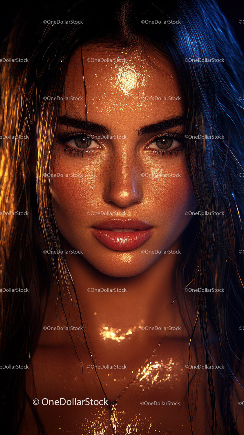 Glamorous Woman with Wet Skin and Luminous Makeup