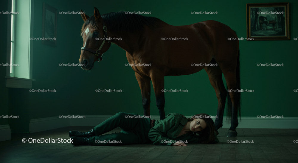 Woman Lying on Floor Beside a Horse in Dramatic Green Room