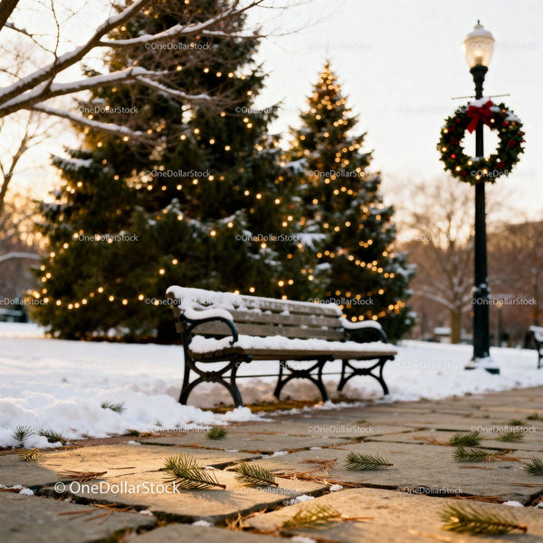 Snowy park bench near decorated Christmas trees at dusk