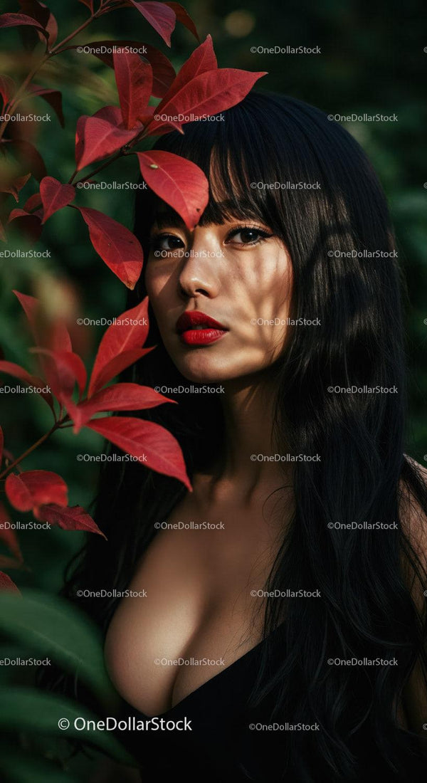Elegant Woman with Long Hair and Red Lips Surrounded by Red Leaves
