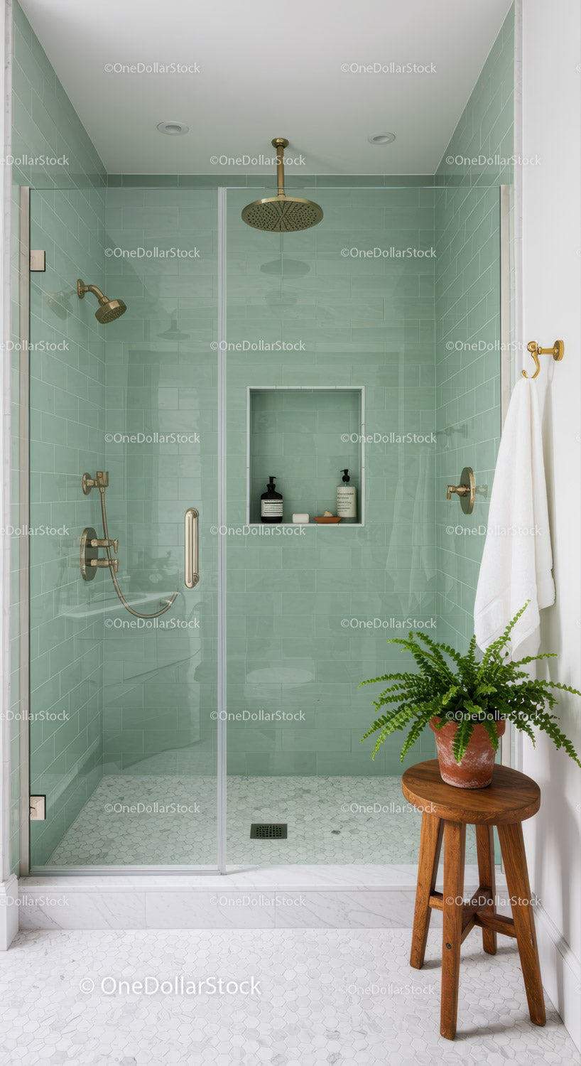 Modern bathroom shower with green tiles and wooden stool