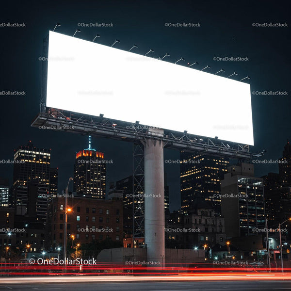 Empty Illuminated Billboard over City Skyline at Night JPG Mockup Image