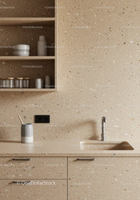 Contemporary Kitchen with Beige Terrazzo Wall and Modern Fixtures