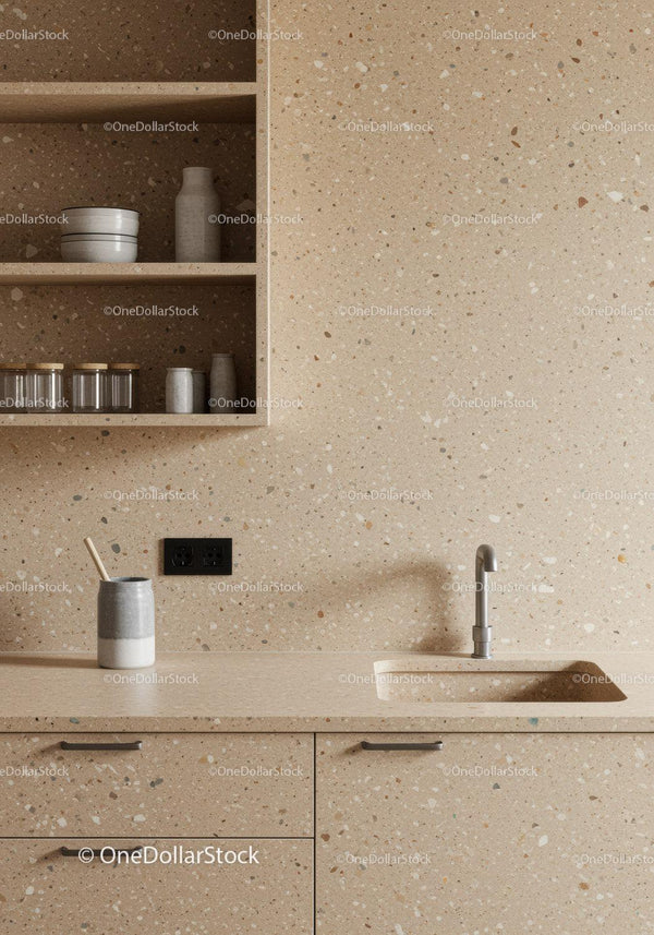 Nowoczesna kuchnia z beżową ścianą terrazzo i nowoczesnymi elementami
