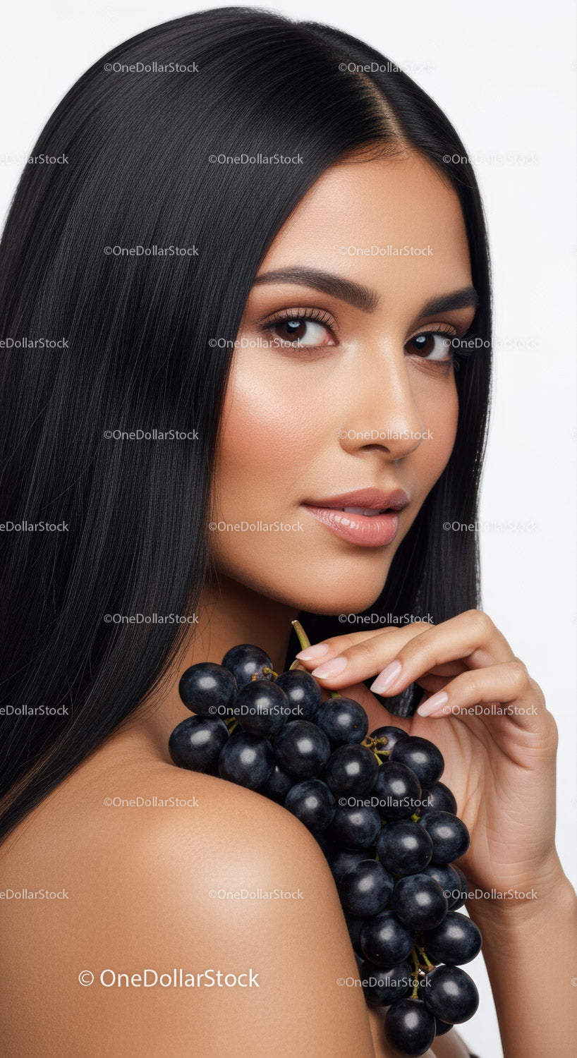 Elegant Young Woman with Black Hair Holding Fresh Black Grapes