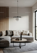 Modern Minimalist Living Room with Beige Sofa and Black Pendant Light