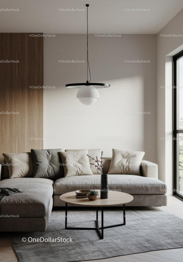 Modern Minimalist Living Room with Beige Sofa and Black Pendant Light