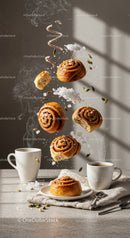 Fresh Cinnamon Rolls with Coffee and Spices in Morning Light