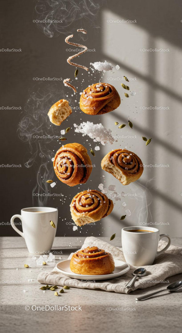 Fresh Cinnamon Rolls with Coffee and Spices in Morning Light