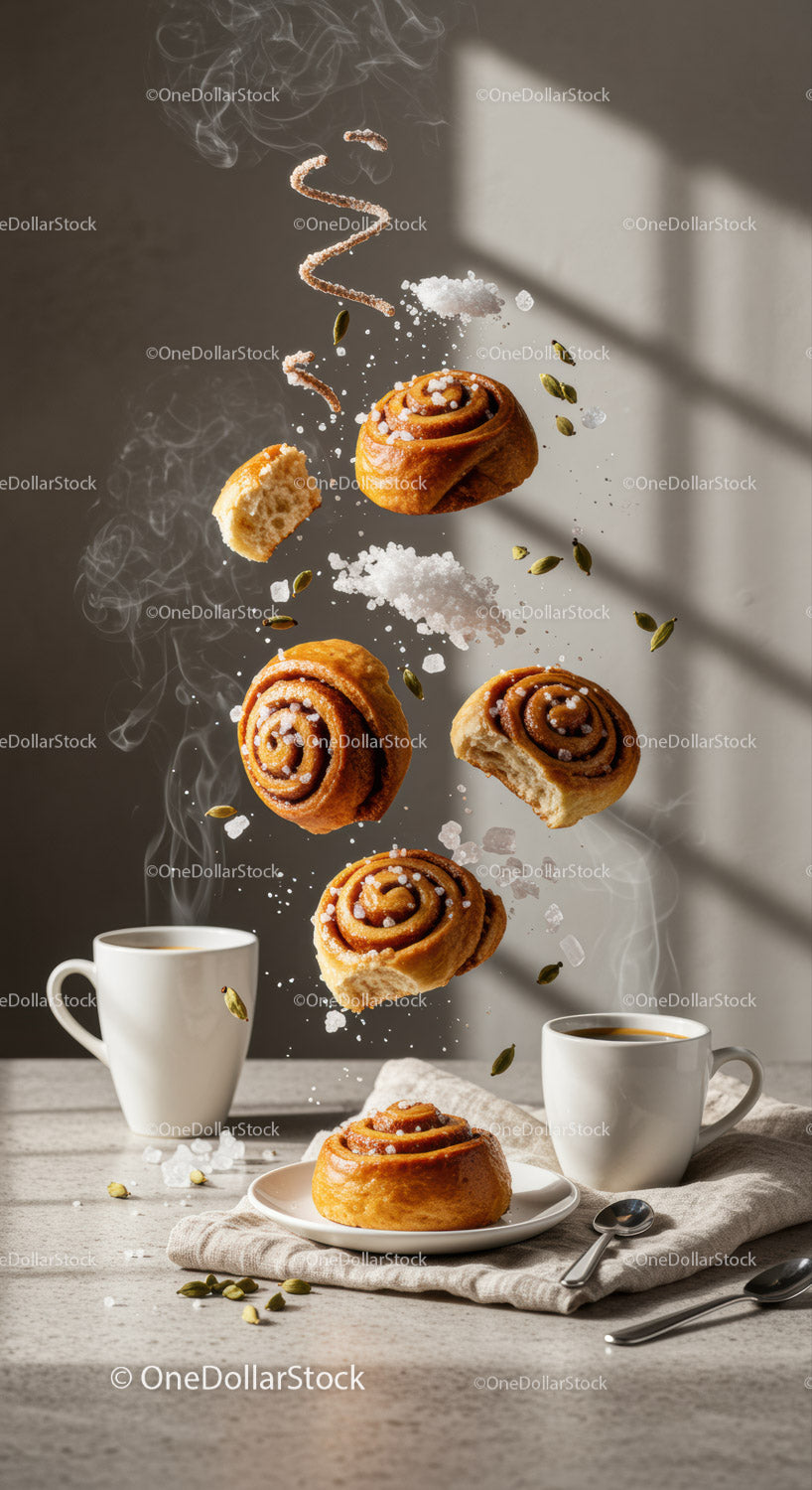 Fresh Cinnamon Rolls with Coffee and Spices in Morning Light