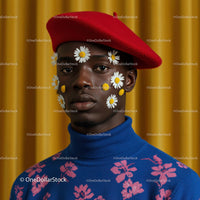 Stylish man with daisies on face wearing red beret