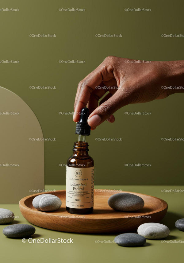 Facial Serum Dropper with Natural Skincare Ingredients on Wooden Tray JPG Mockup Image