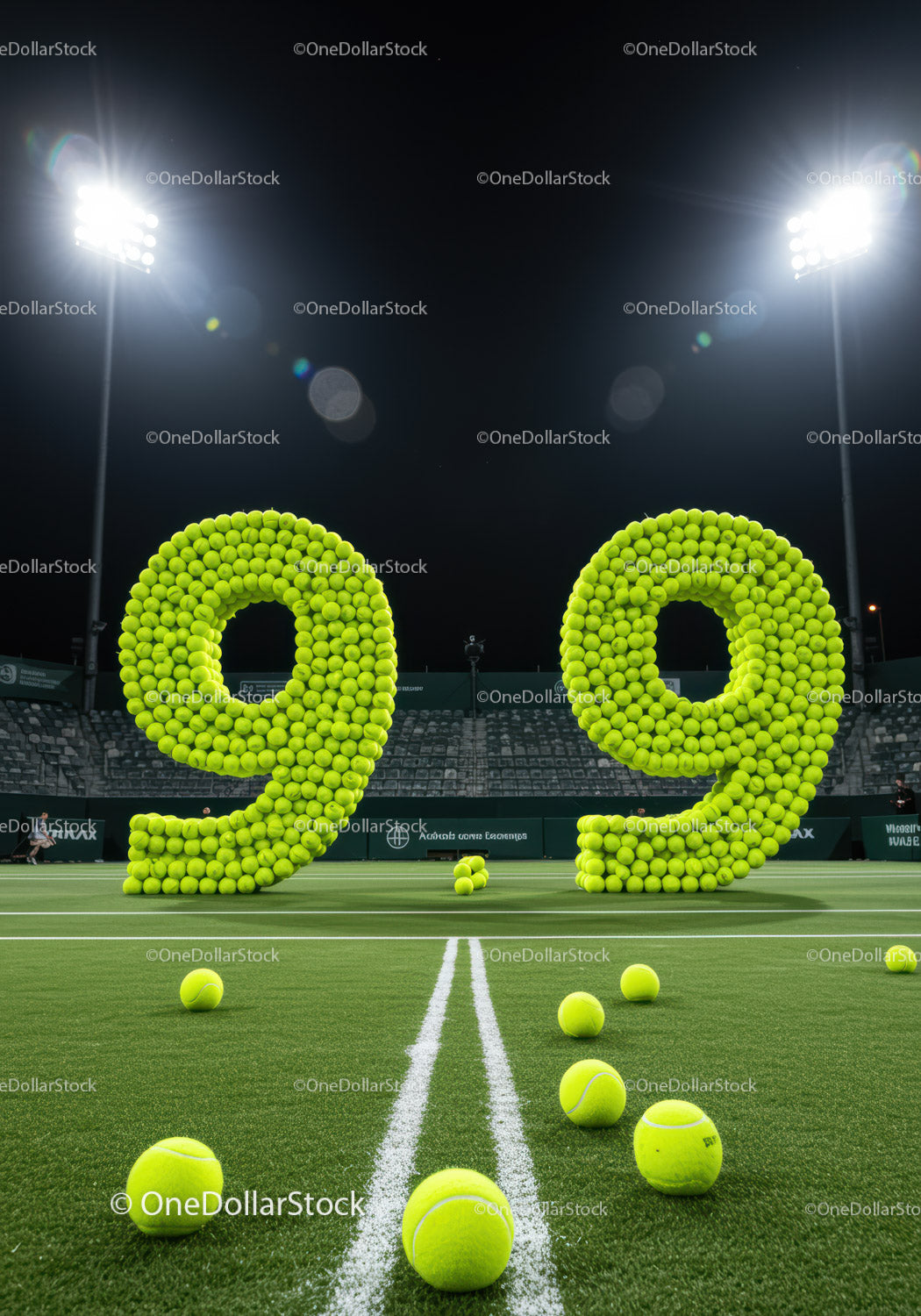 Tennis balls forming large number 99 on court at night