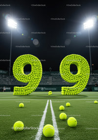 Tennis balls forming large number 99 on court at night