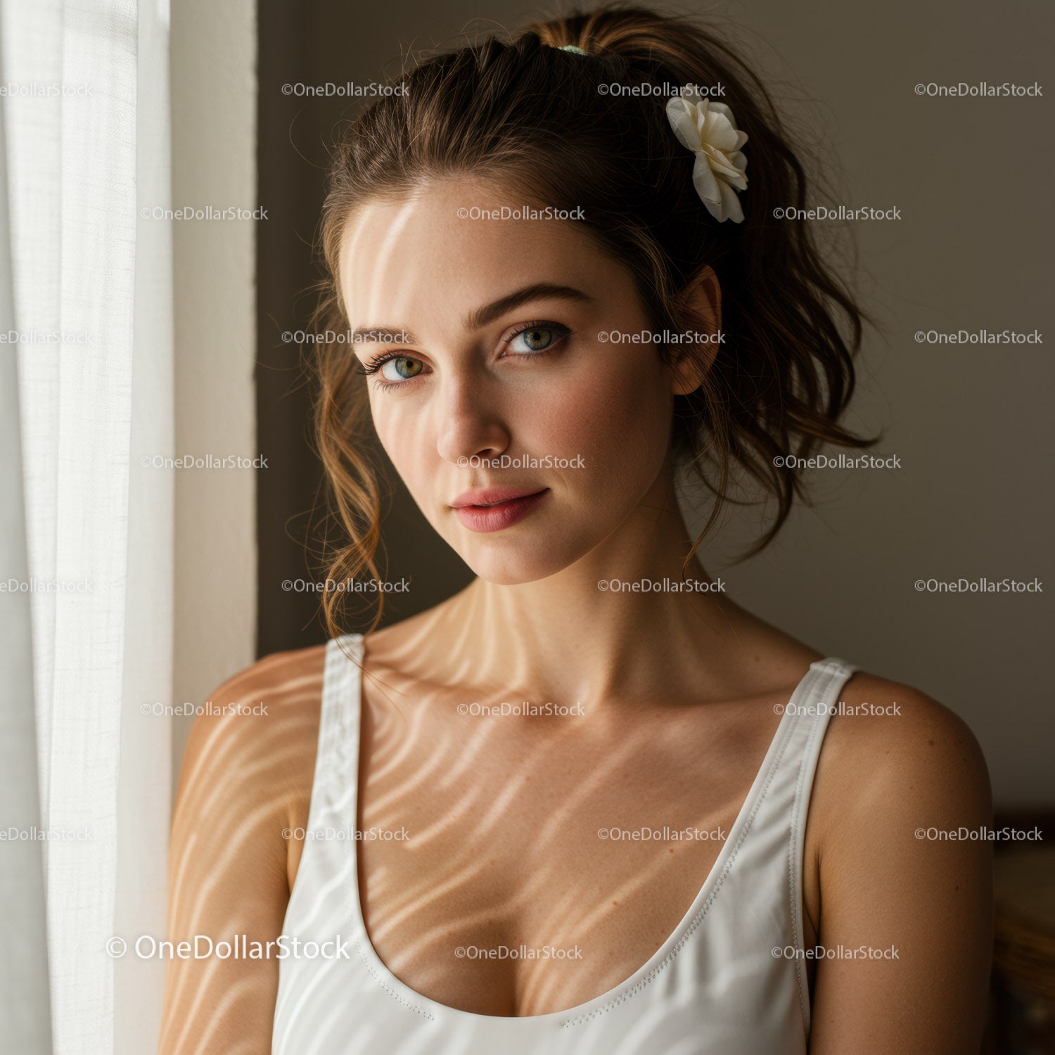Young Woman Portrait with Sunlight Shadows and Natural Beauty