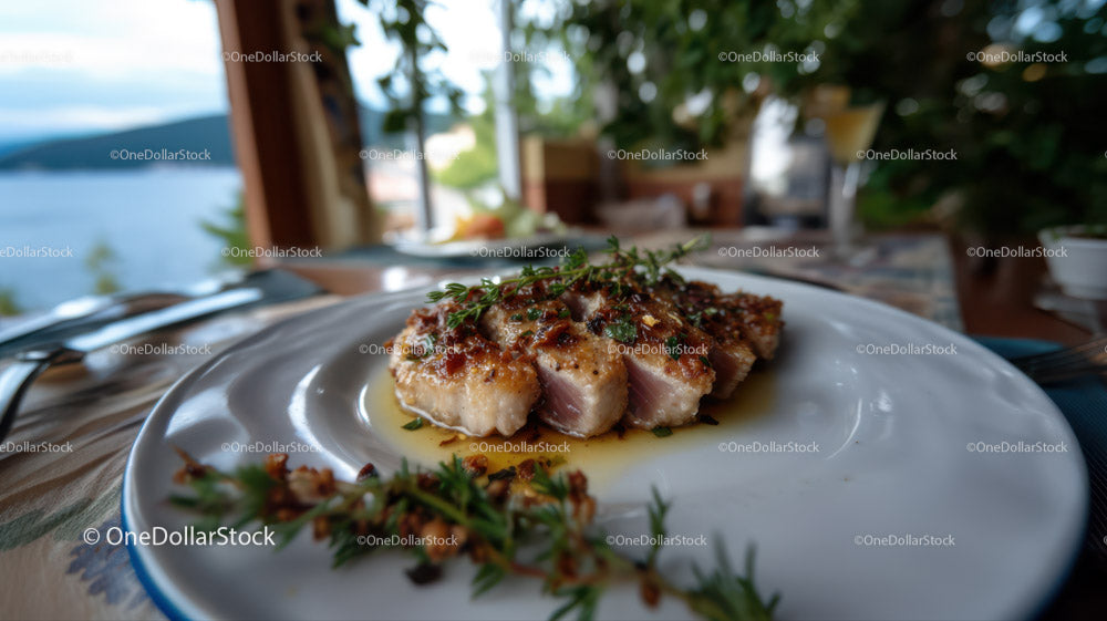 Gourmet Seared Tuna Steak with Herbs on White Plate by the Sea