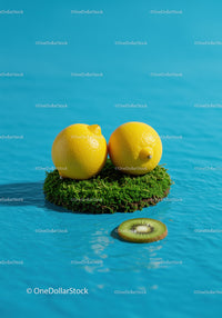 Fresh lemons on moss floating in blue water with kiwi slice