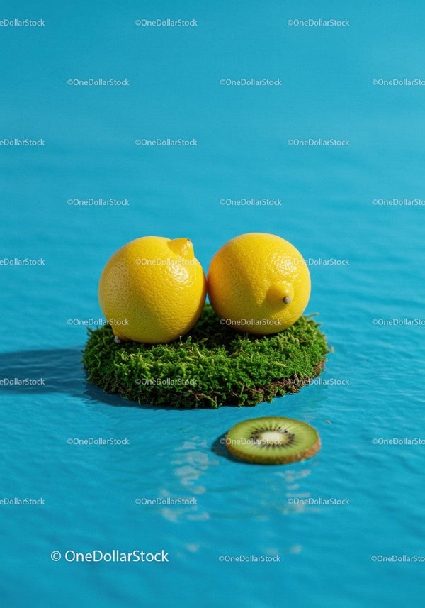 Fresh lemons on moss floating in blue water with kiwi slice