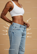 Woman Using Tape Measure to Check Waist Size in Casual Denim Outfit