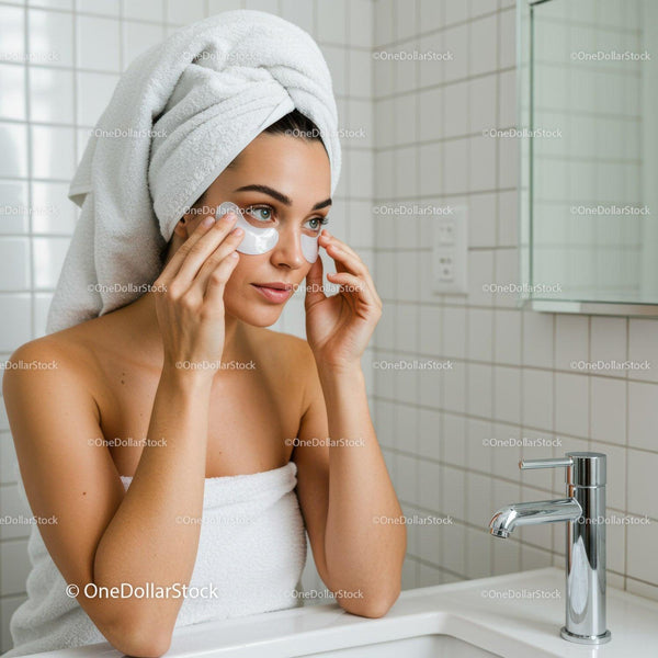 Young woman applying eye patches in bathroom mirror