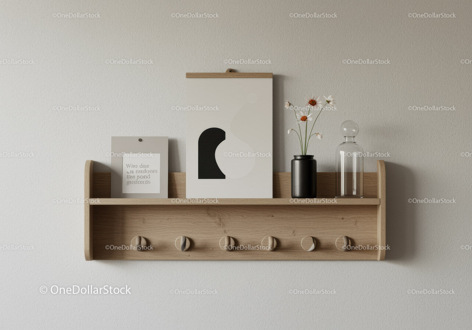 Wooden Floating Shelf with Vase Flowers and Glass Bottle on Neutral Wall