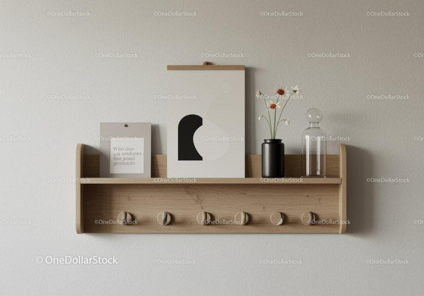 Wooden Floating Shelf with Vase Flowers and Glass Bottle on Neutral Wall