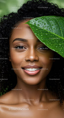 Portrait of a Smiling Black Woman with Curling Hair and Green Leaf