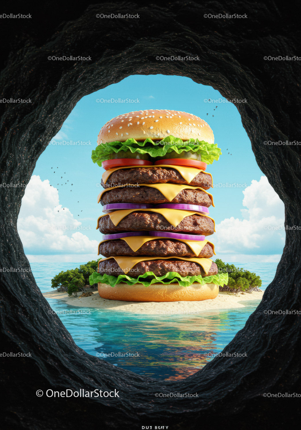 Giant Cheeseburger Island Framed by Cave Opening