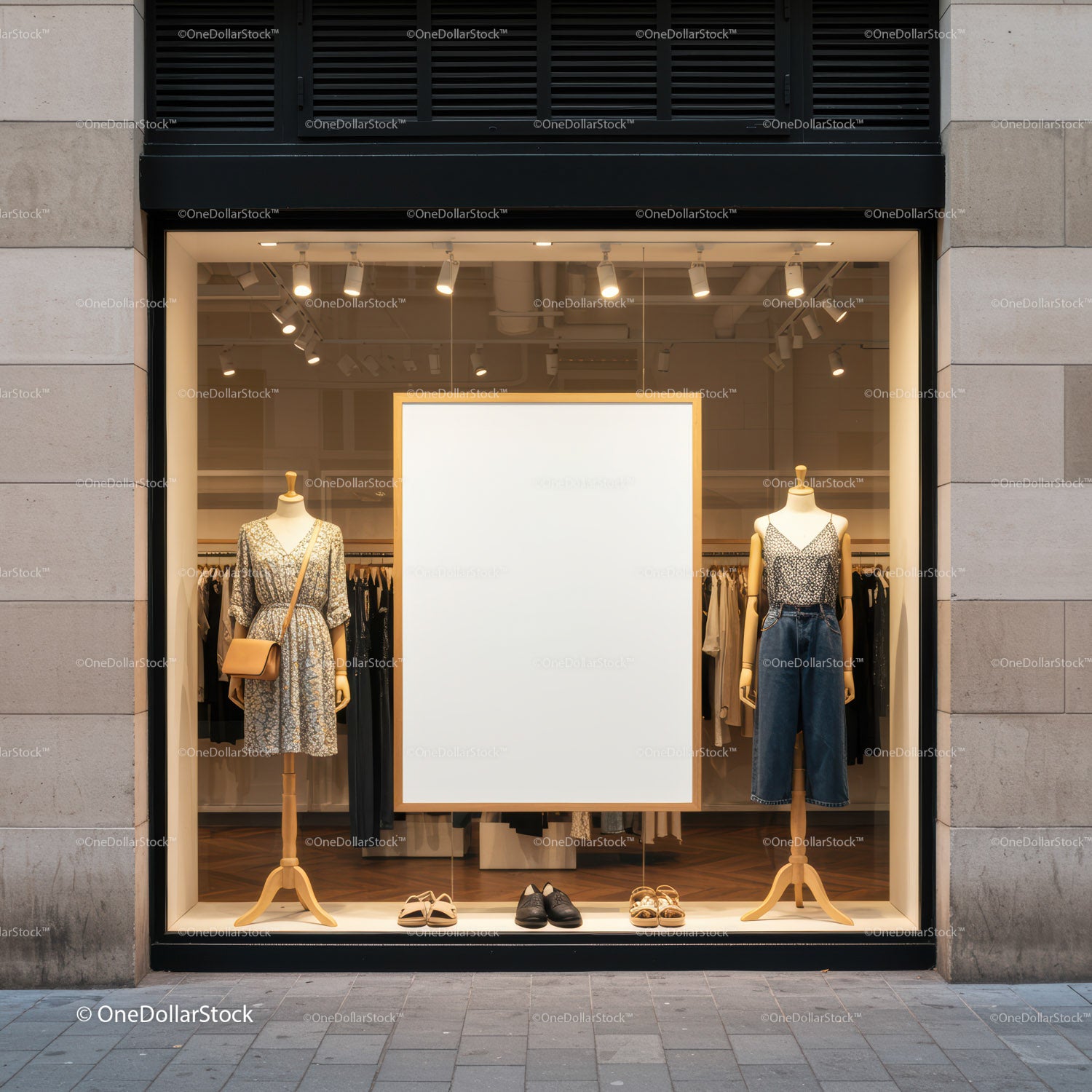 Fashion boutique window display with casual outfits and shoes