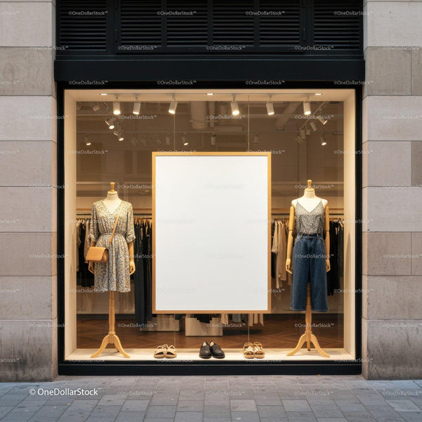 Fashion boutique window display with casual outfits and shoes JPG Mockup Image