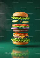 Layered cheeseburger ingredients floating on green background